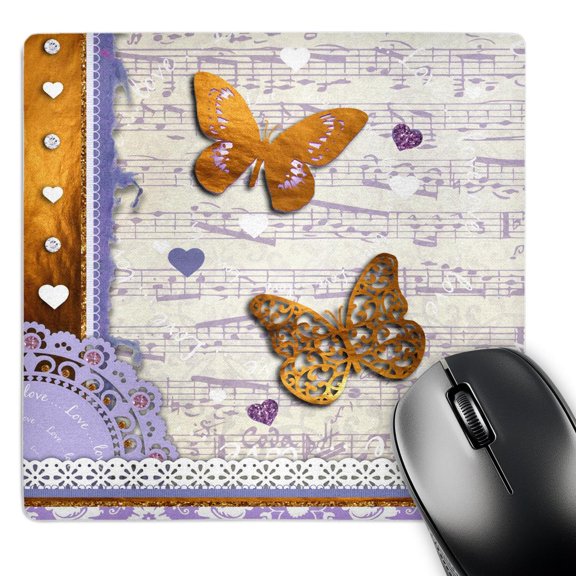 3dRose, Butterflies modern art - Butterfly girly purple faux gold contemporary 2D collage - hearts and music, MousePad