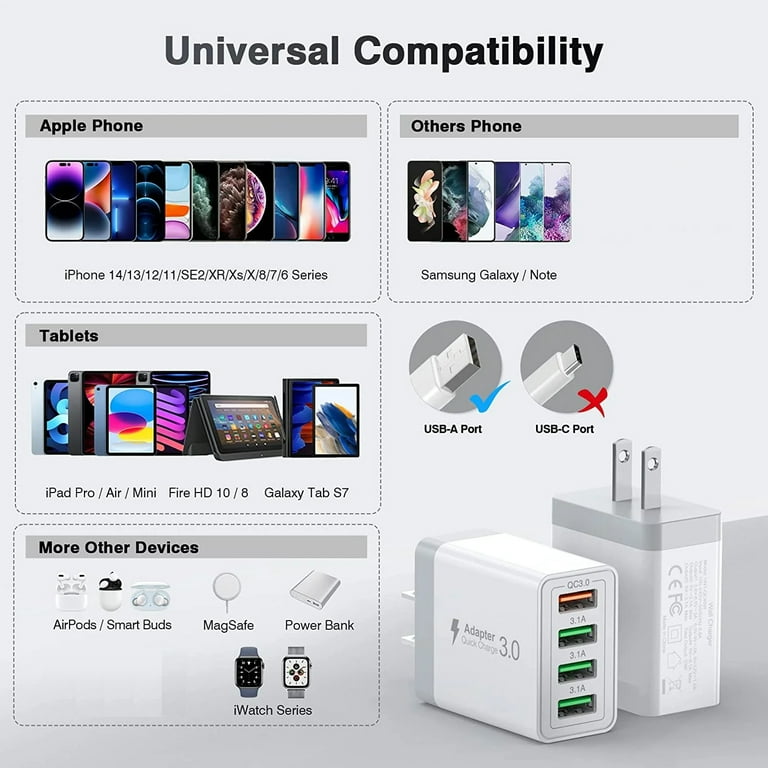 USB C Charger Block, 40W 3Pack 4-Port Type C Fast Charging Wall Cube, Dual PD&QC Power Adapter Multiport Charger Wall Plug Type C Brick For IPhone 17/16/15/14/13/12/11 Pro Max XR XS, IPad
