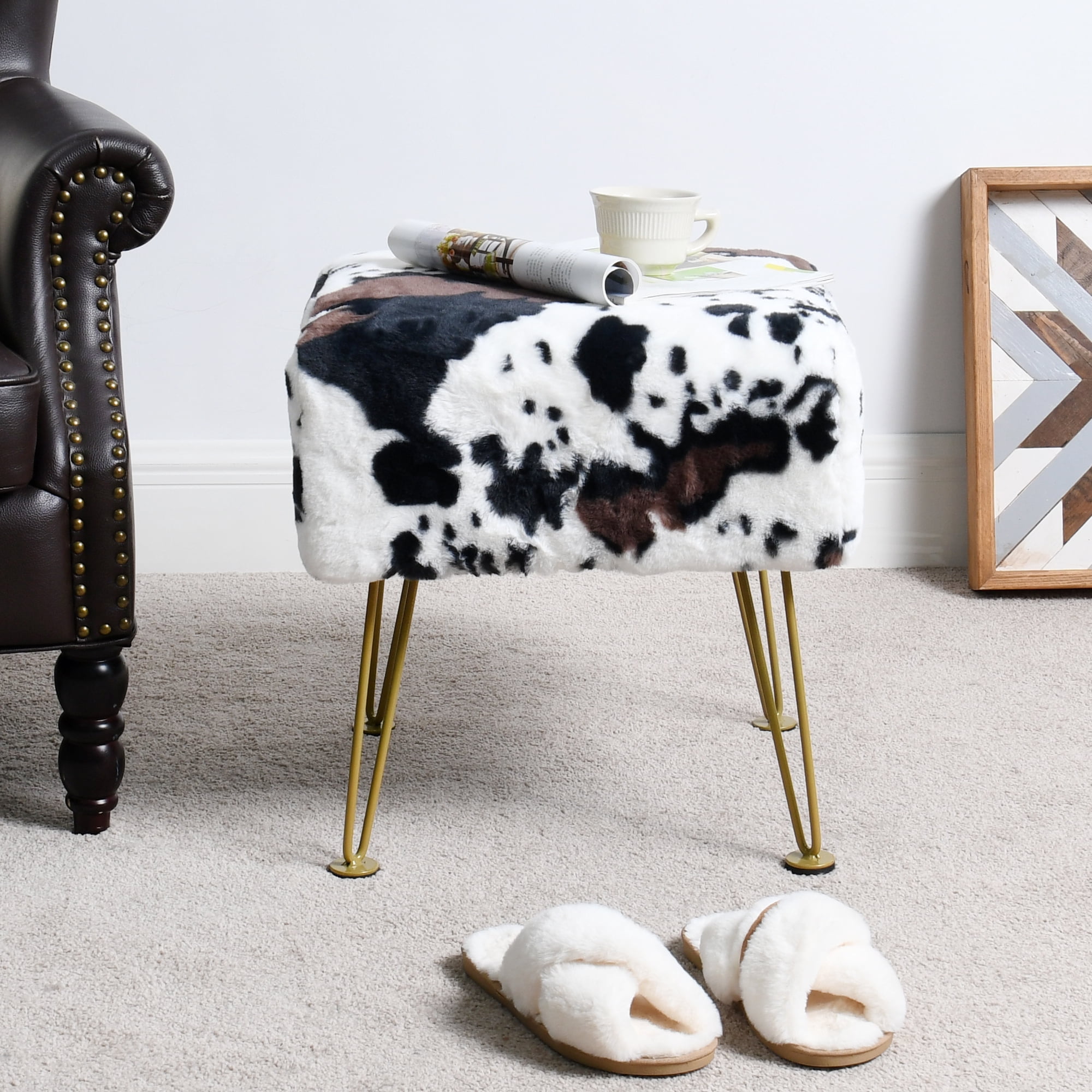 Home Soft Things Faux Fur Ottoman - Cows Flowers - Gold Leg - 17x17x17"