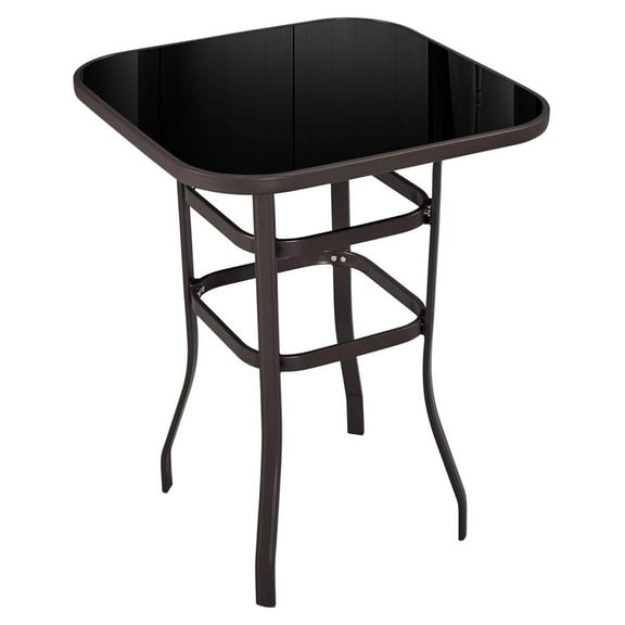 Patio Bar Table Tempered Glass, Height High Top Outdoor Pub Height Bistro Square Table for Paito Lawn Garden, Brown