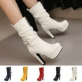 thumbnail image 5 of Xfvqtps Womens Fashion Mid Calf Boots Winter High Heel Flatform Ankle Booties Round Toe Zipper Casual Dress Boots White, 5 of 5