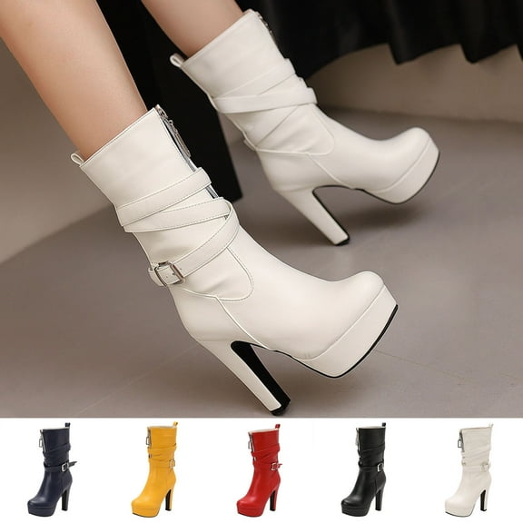 Winter Ankle Boots High Heel Waterproof Round Toe Mid-Calf Stylish Casual Strappy Zipper Solid Color Fashion Footwear