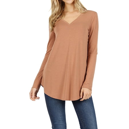 Women & Plus(S-3X) Relaxed Fit Long Sleeve V-Neck Round Hem Jersey Tee Shirt Top (Single & Multi-Packs Available) price history on PriceWatchPro
