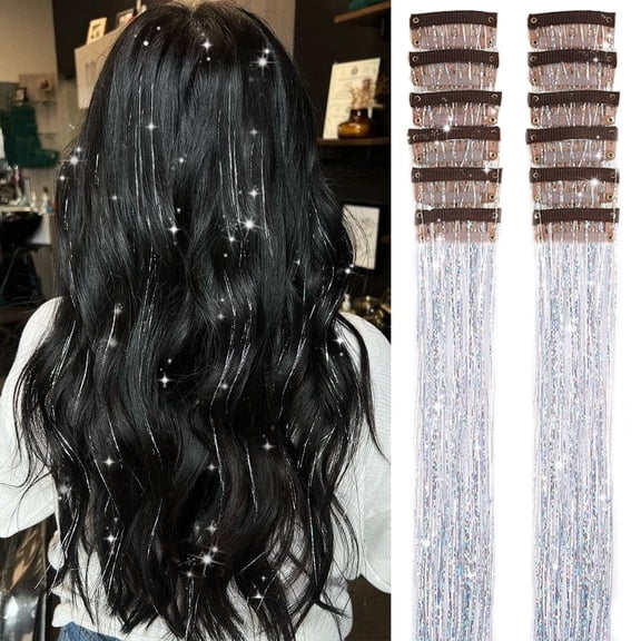 Hair Tinsel Pack of 12 Pcs 20 Inch Glitter Silver Clip in Tinsel Hair Extensions, Party Dazzle Hair Accessories Strands Kit (20 Inch 12Pcs,Silver#)