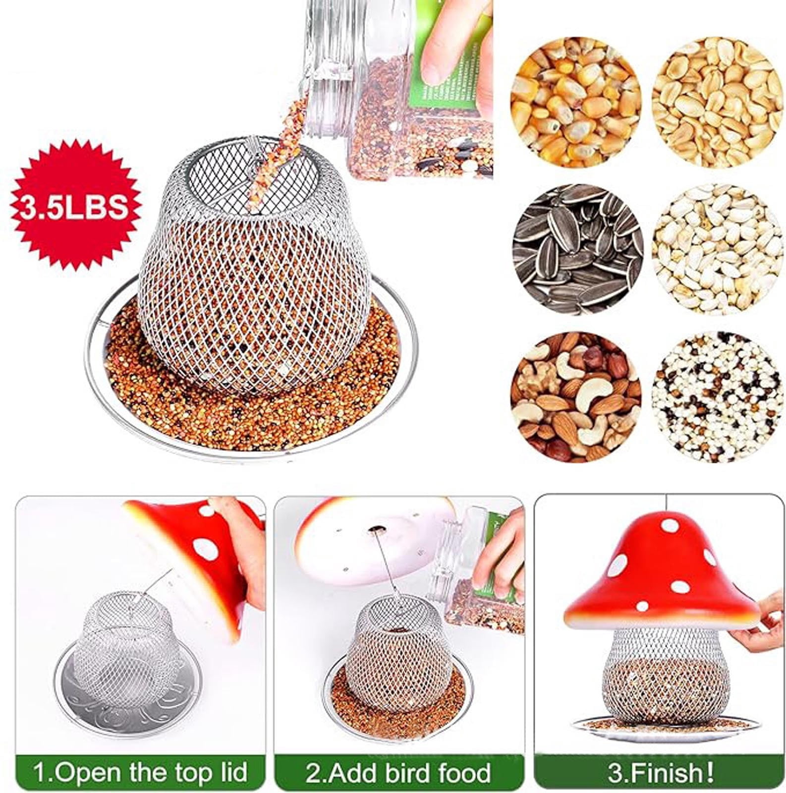 Mushroom Bird Feeder, Solar Outdoors Hanging Color Changing Solar Garden Lantern Red, Color Changing Solar, Gifts for Bird Lovers, Birdfeeder