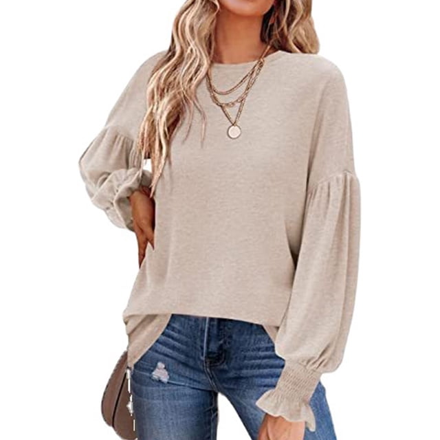 Camiseta informal con volantes, corte holgado y mangas farol Top de punto de manga larga para mujer en albaricoque XXL