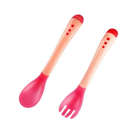 HeeHom 2pcs Baby Spoons Forks Utensils Plastic Infant Feeding Tool Heat Sensitive Kids Toddlers Training Tableware Kit Pink