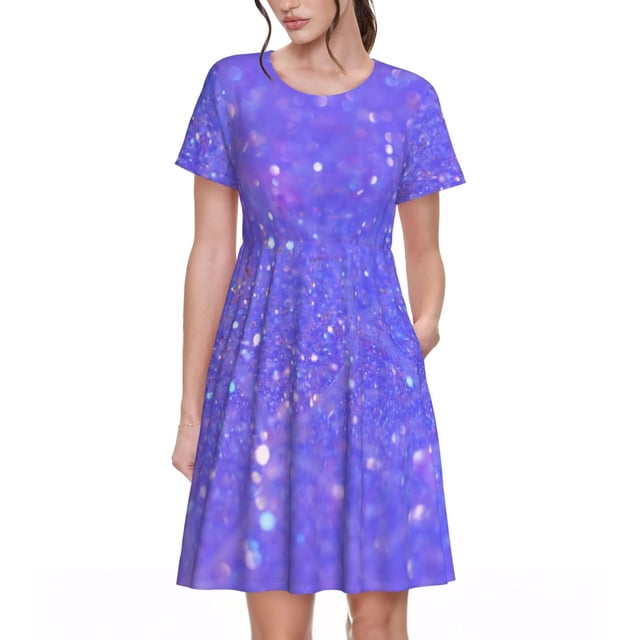 Bixox Robe d'Été à Manches Courtes pour Femmes Robe Ample Longueur Genou avec Poches-Pailleté Violet