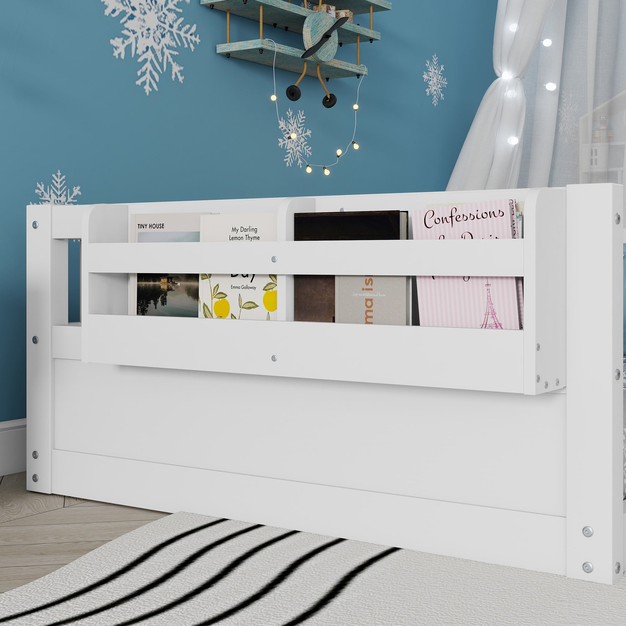 Montessori Floor Bed with High Rails, LED Lights & Storage Shelf, Safe & Wider Opening Gate Design, Twin Size Floor Bed for Boys & Girls, White