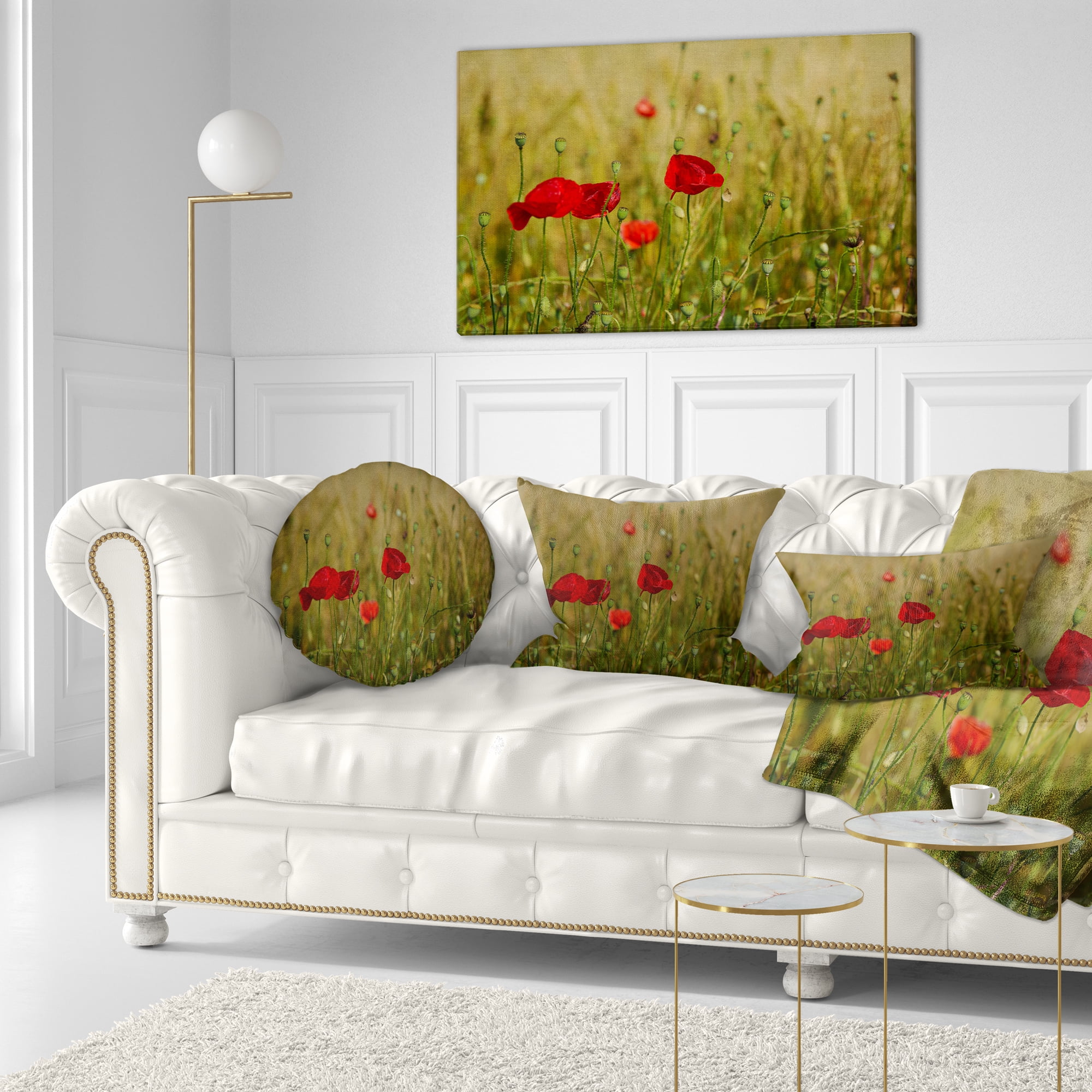 Designart Red Poppy Flower Field Background - Flower Throw Pillow - 12x20