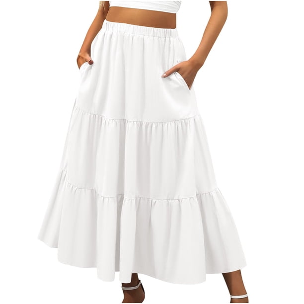 Falda boho de verano con cintura elástica y pliegues en línea A para mujer: falda de playa fluida con bolsillos, poliéster ligero para primavera/verano/otoño.