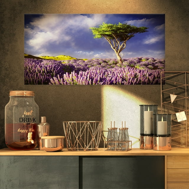 Green Tree in Lavender Field - Modern Landscape Wall Art Canvas