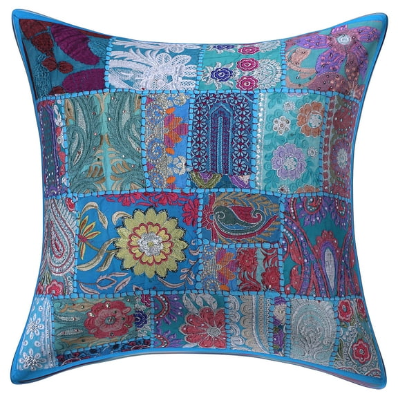 Stylo Culture Indian Cotton Decorative Throw Pillow Sham Cover Turquoise 20x20 Bohemian Vintage Patchwork Indian Couch Cushion Cover 50 x 50 cm Home Decor Abstract Square Pillowcase | 1 Pc