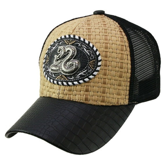 Baseball ANIMAL TRUCKER CAP HAT Premium Emblem Casual Leather Brim Mesh (SNAKE / KHAKI-B)