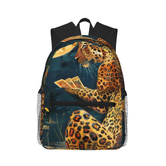 Vsdgher Leopard Reading Tarot Cards Print Unisex Large Capacity Bookbag, Schoolbag, Casual Daypack for High School, College, Teens, Travel, Work