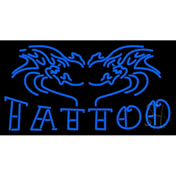 Blue Tattoo Logo LED Neon Sign 13" Tall x 24" Wide - inches Black Square Cut Acrylic Backing, with Dimmer - Premium built indoor Sign for Storefront, Store interior, Workshop, Studio.