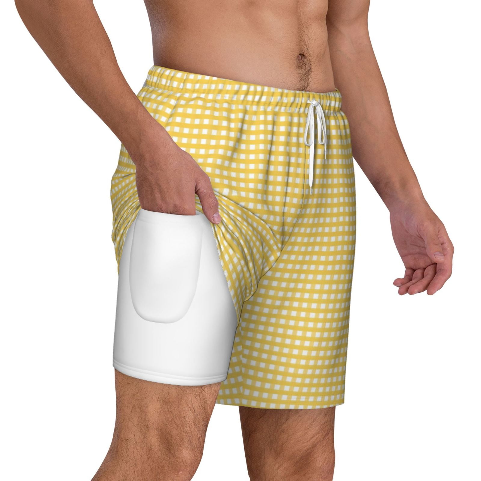Xecao Yellow Gingham for Men's Swimming Trunks Swim Trunks Quick Dry Swim Shorts with Mesh Lining Funny Swimwear Bathing Suits