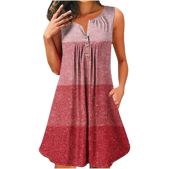 Dvkptbk Robe d'Été Décontractée pour Femme 2024 à Col Rond, Manches Courtes, à Blocs de Couleur, Robe de Plage Boutonnée, Ourlet Évasé, Fluide, Plissée, T-Shirt, Midi, Courte