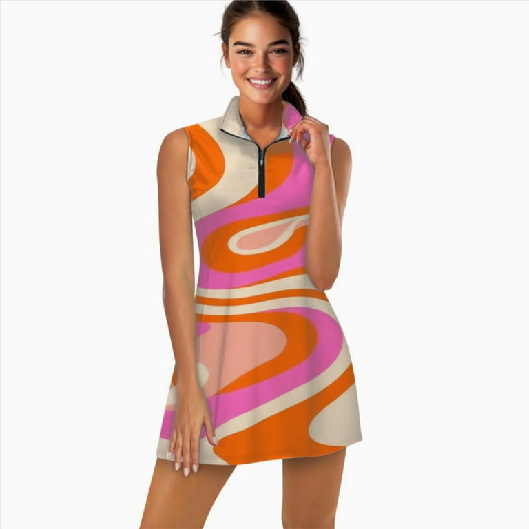orange golf dress Abstract swirls orange pink cream Sports Dresses Women Tennis Dress with  Separate Shorts One-Piece Slim Fit Golf Dress