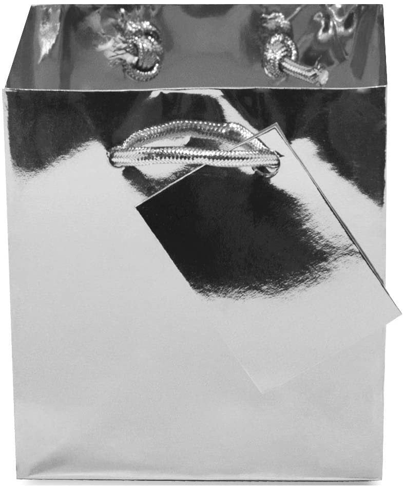 Extra Small Metallic Silver Paper Gift Bags with Metallic Handles 4x2.75x4.5” 12 Pcs Weddings Gifts Party Favor Bags for Birthday Parties