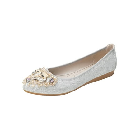 

Daeful Women s Loafers Slip On Flat Shoes Pointed Toe Flats Dance Lightweight Casual Rhinestones Pumps Silver 6.5