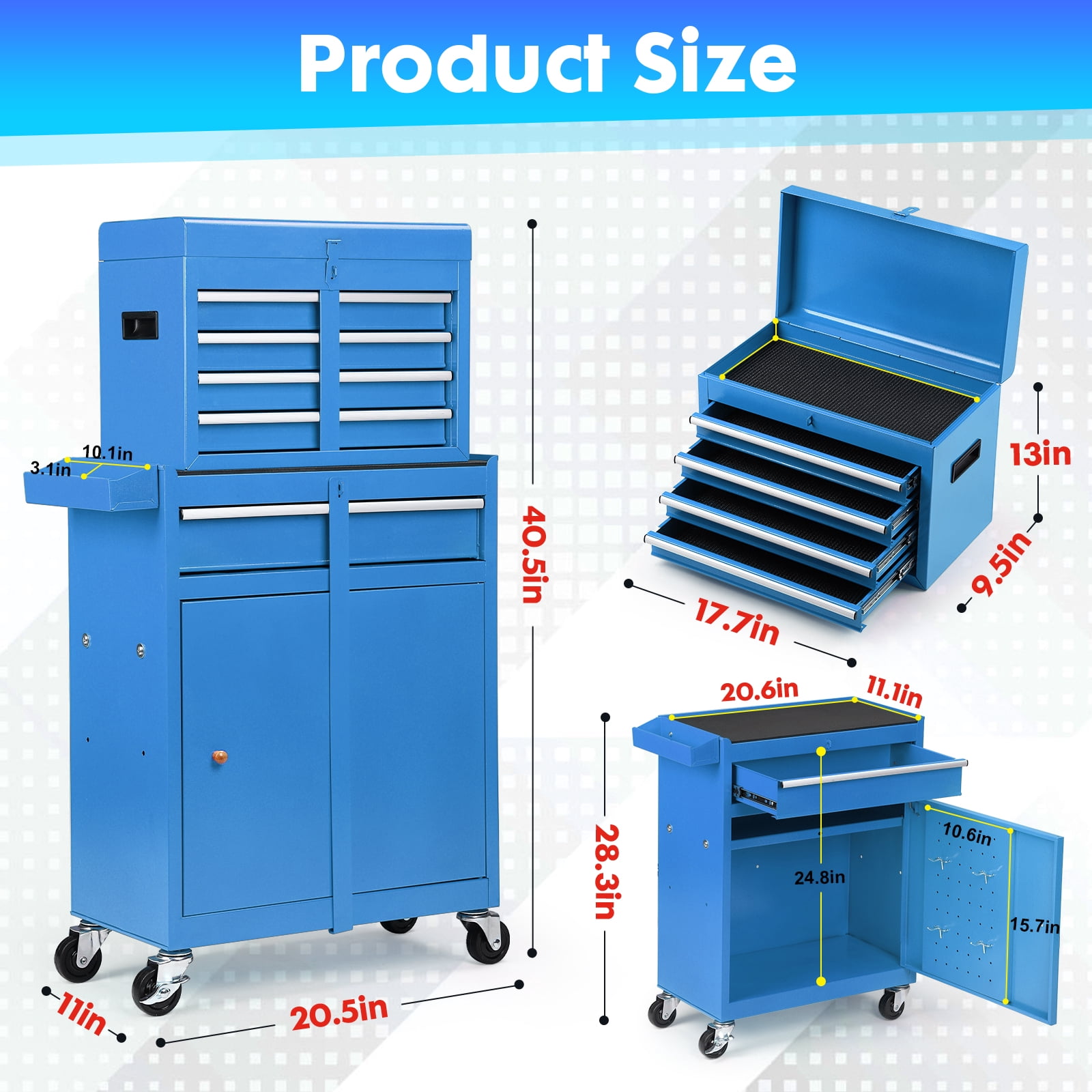 Clickoods 5-Drawer Rolling Tool Chest with Lockable Toolbox, Large Capacity Metal Tool Cabinet with Detachable Top Box, Storage Organizer for Garage & Workshop, Blue