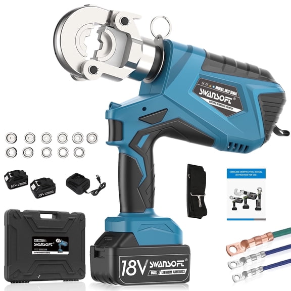 SWANSOFT Electric Hydraulic Crimping Tool, 6 Ton 6AWG-600MCM Battery Powered Crimper for Cu/Al Terminals, 11 Dies Wire Lug Crimping Tool Kit