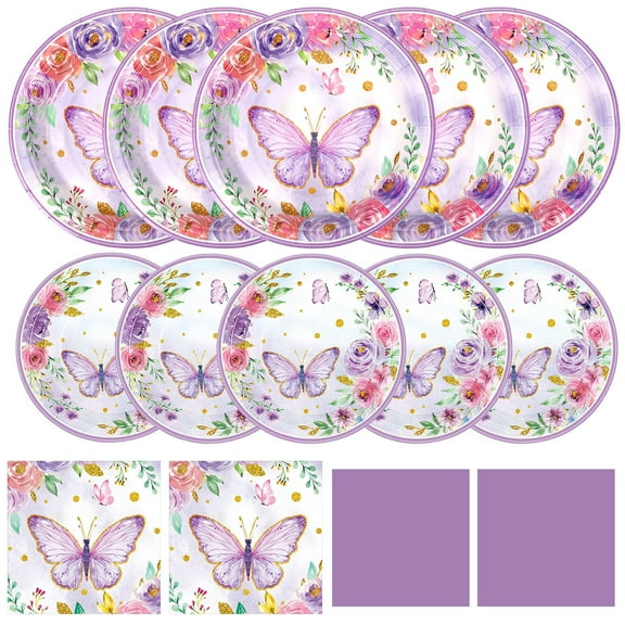 Funnymoom Butterfly Party Tableware Birthday Disposable AFN1Paper Dinner Dessert Plates Butterfly Floral Napkins for Baby Shower Bridal Shower Wedding Party Family Holiday 50 Guests