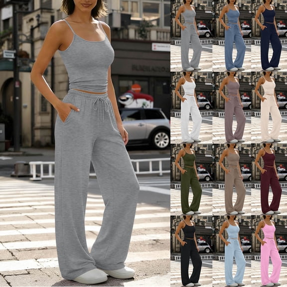 Frostluinai Two Piece Lounge Sets for Women Summer Outfits Sleeveless Spaghetti Strap Crop Camis Wide Leg Pant Sets Casual Matching Clothing Khaki S