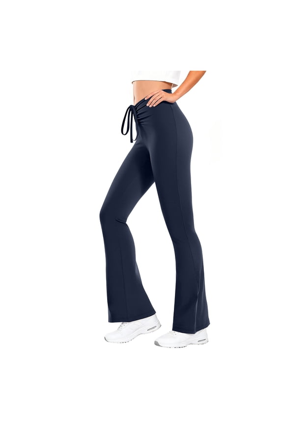 Flare Leggings for Women High Rise Ruched Drawstring Waist Yoga Pants Solid Color Stretchy Knit Bottoms Summer Casual Fashion Dailywear