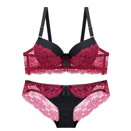 Voncos Comfy Womens Underwear Sets Sexy Comfortable Lace Gathering Bras and Underpants Lingerie Set Red Size M