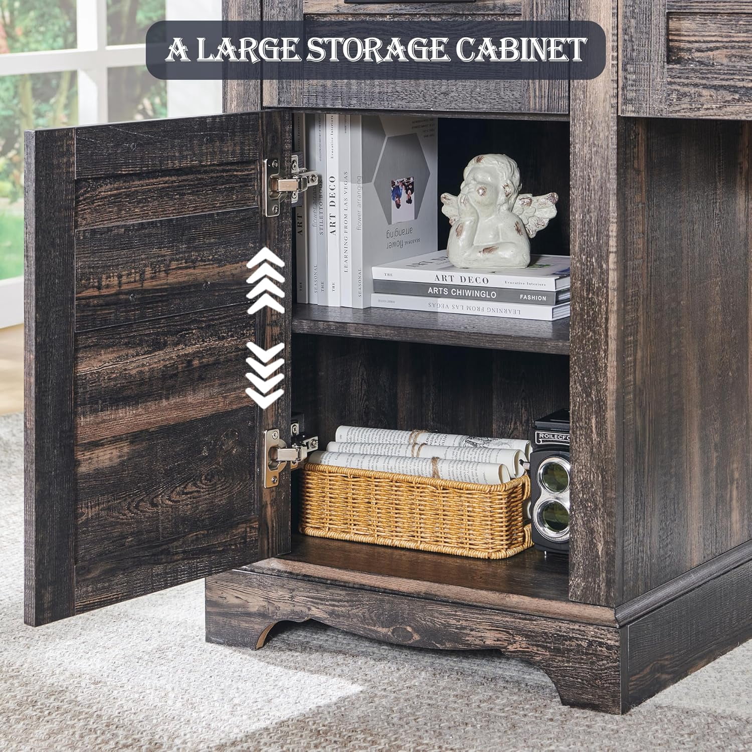 OKD 60" Farmhouse L Shaped Executive Desk with Storage Drawers, Wood Home Office Desk with File Cabinet & Charging Station, Dark Rustic Oak