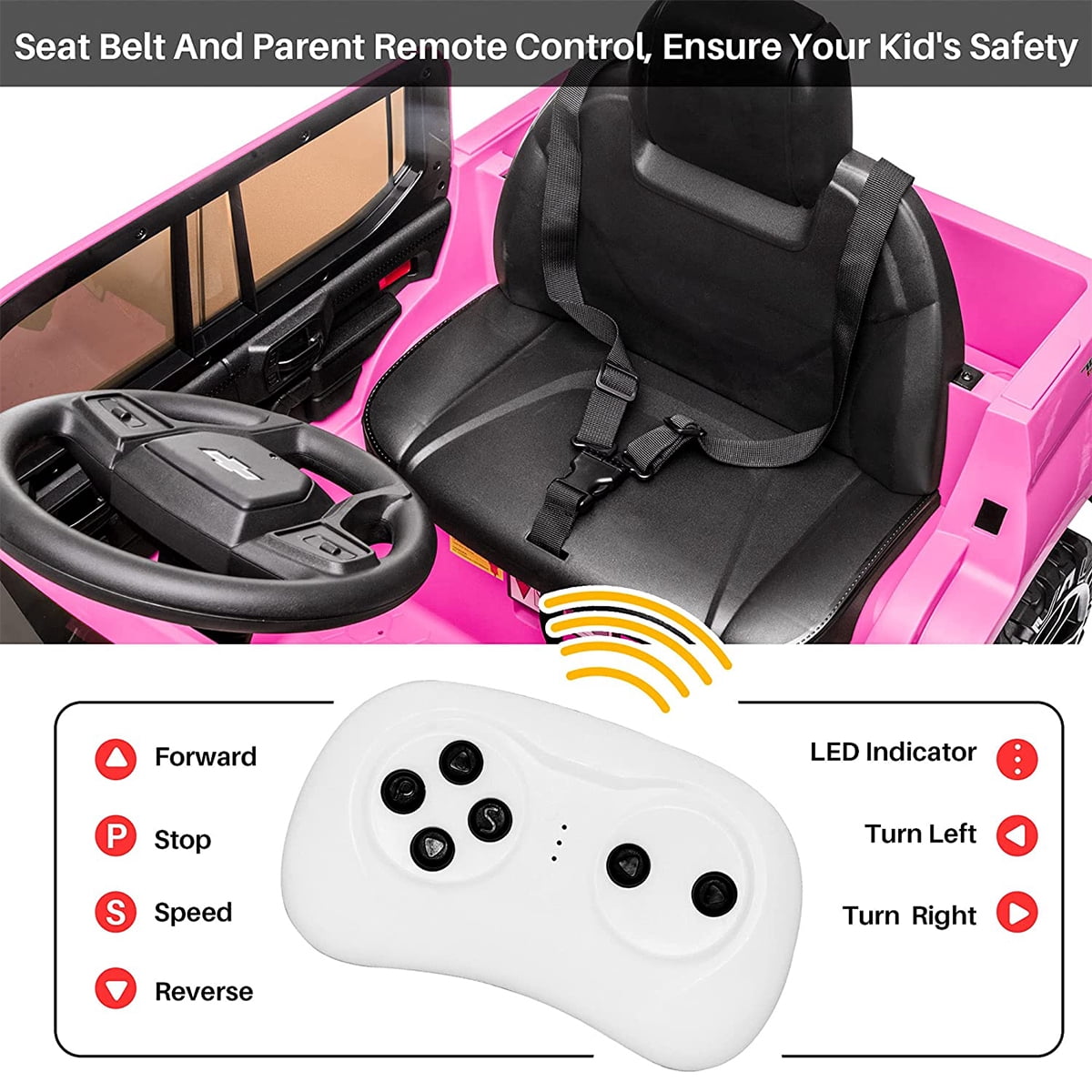 FUNTOK Licensed Chevrolet Silverado Kids Electric Ride on Toys,Battery Powered 12V Child Ride on Truck Car w/ Parent Remote Control and Storage Trunk, Pink