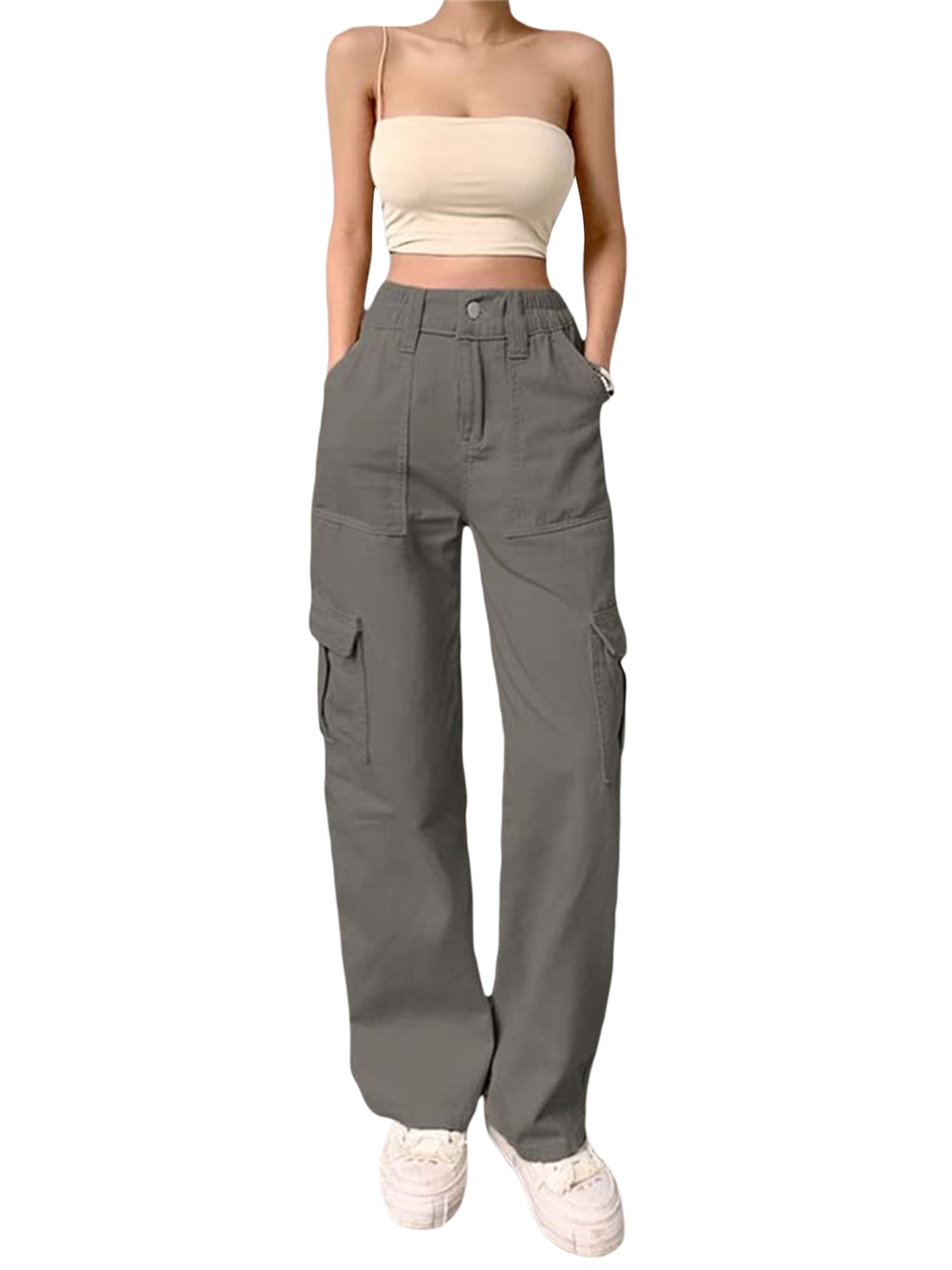 LDD-Women Solid Color Cargo Pants, High Waist Straight-leg Buckle