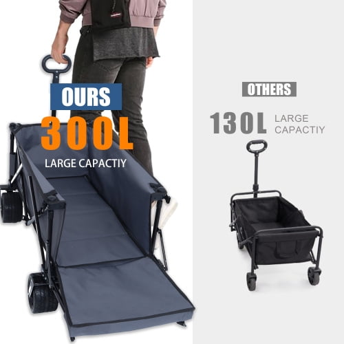 Foldable Wagon with Extended Tailgate, Extra Long Extender Wagon Cart,Beach Wagon Cart Heavy Duty 400LBS with Large All-Terrain Beach Wheels, Gray
