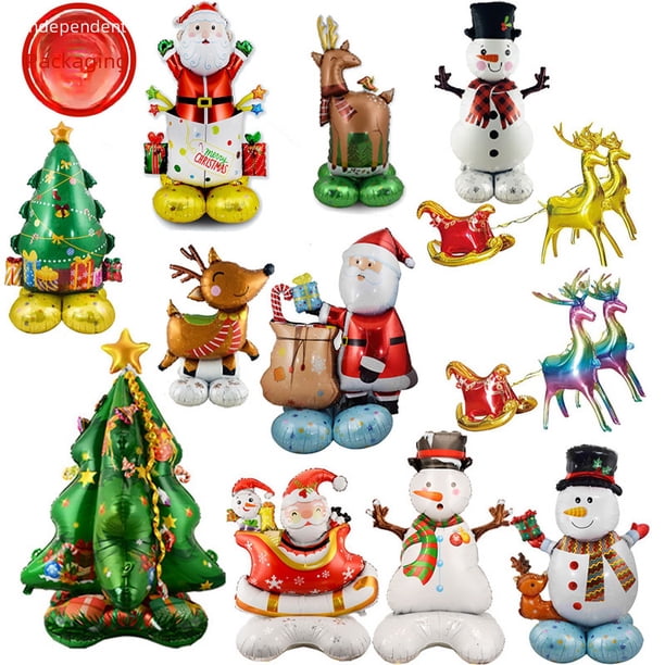 Globo navideño estéreo 4D de gran tamaño con base para globos, Papá Noel de pie, árbol de Navidad, trineo, ciervo, suministros de decoración