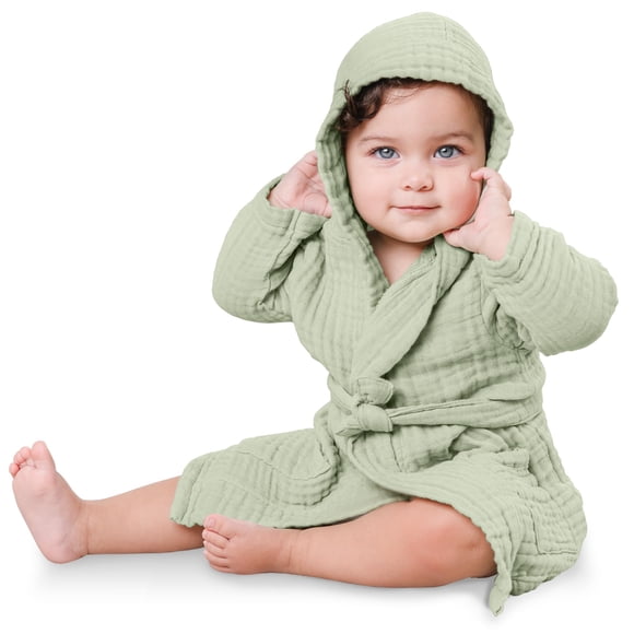 Bata de baño para niños Comfy Cubs Sage, 6 a 12 meses, algodón muselina