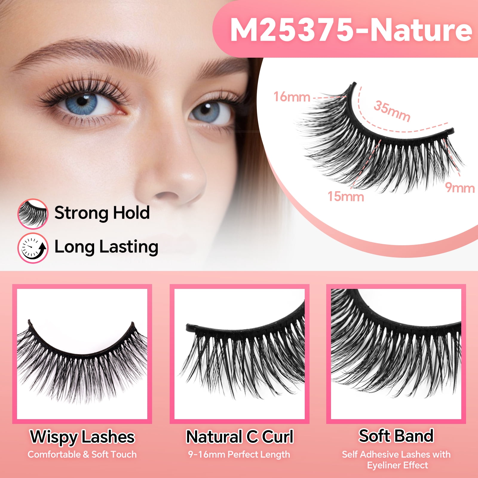 MEHORAN 3 Pairs False Eyelashes with Adhesive, Fluffy Self Adhesive False Lashes, Reusable Full Volume Strip Lashes, Lightweight & Washable, Strips 8-14mm