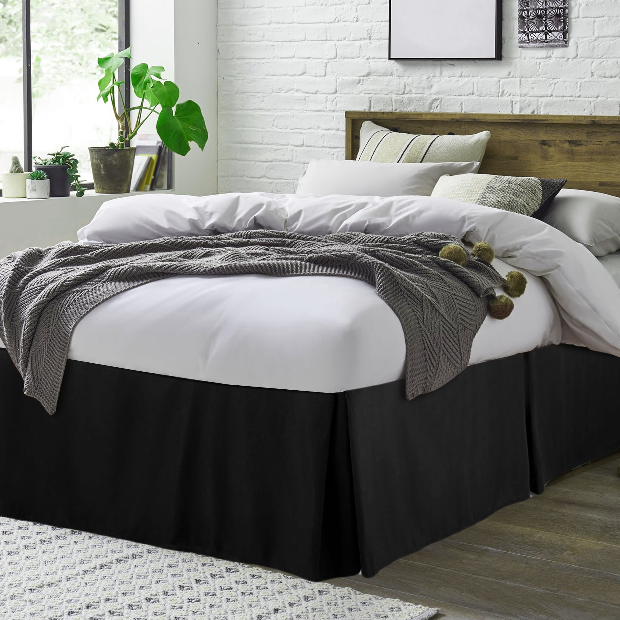 PiccoCasa Pleated Bed Skirt Classic Tailored Styling Dust Ruffled 14" Drop, Queen Black