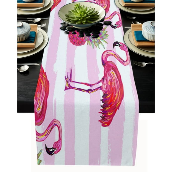 Table Runner Dresser Scarves 90 Inch Long, Watercolor Flamingo and Pineapple Linen Dining Table Runners Pink White Stripe Tabletop Scarf for Wedding Holiday Party Kitchen