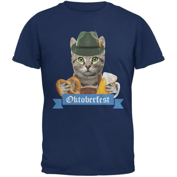 Oktoberfest Funny Cat Metro Blue Adult T-Shirt - Large