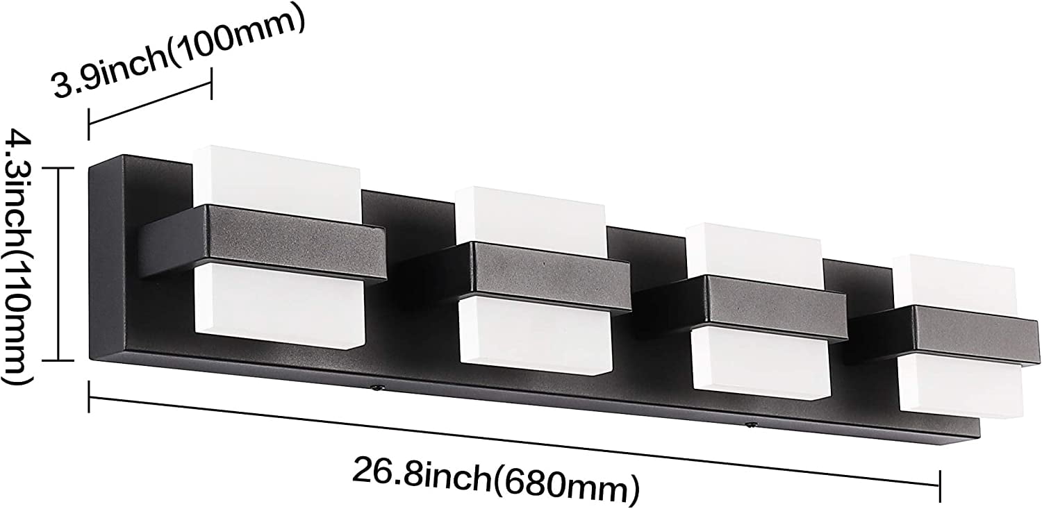 SOLFART 4 Lights Black Vanity Light Fixtures Modern LED Bathroom Light Black Bathroom Lighting Fixtures for Mirror 27 inch White Lights Non Dimmable