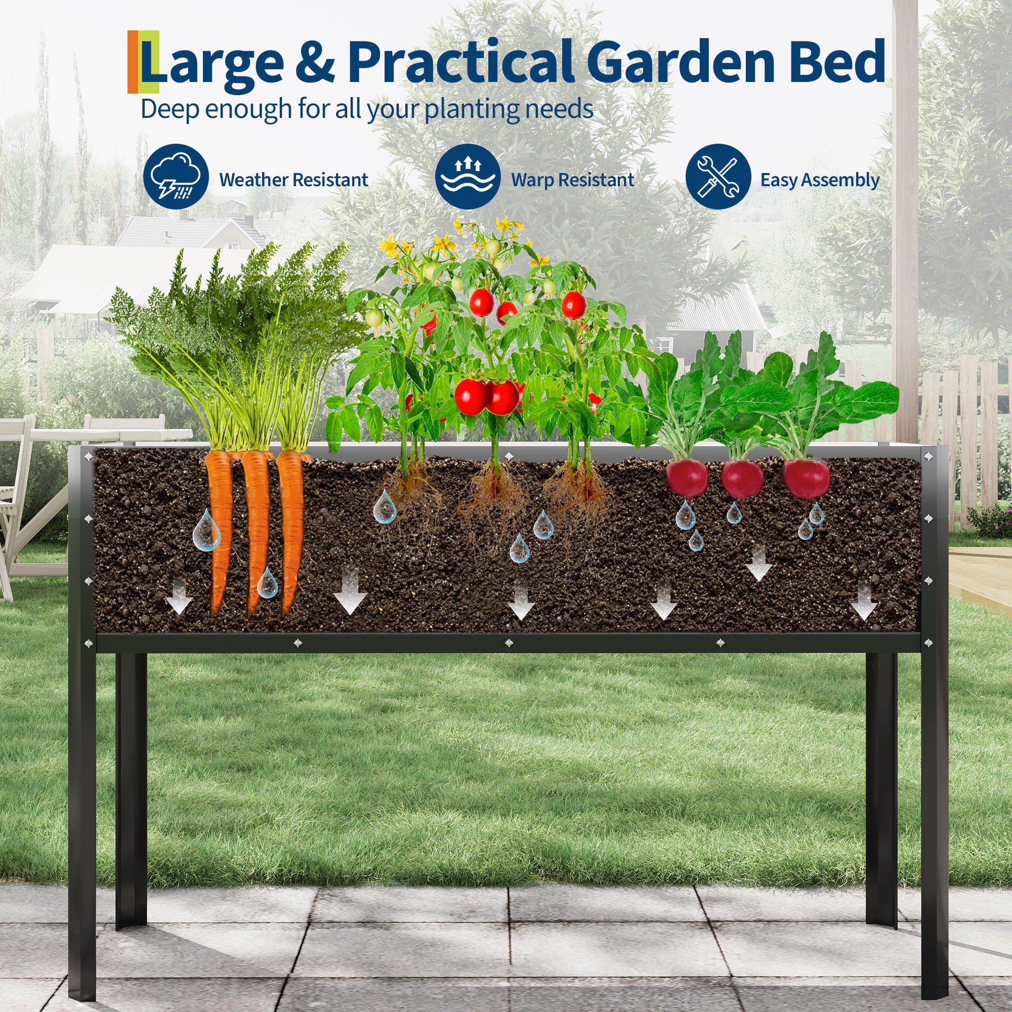 50×17×32 in Elevated Metal Raised Garden Bed with Legs – Self-Watering & Drainage System – Sturdy Galvanized Planter Box for Growing Vegetables, Flowers, Herbs – Patio, Backyard, Balcony – Black