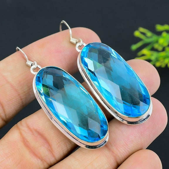 Natural Blue Topaz Gemstone Handmade 925 Sterling Silver Jewelry Earring 2.25"