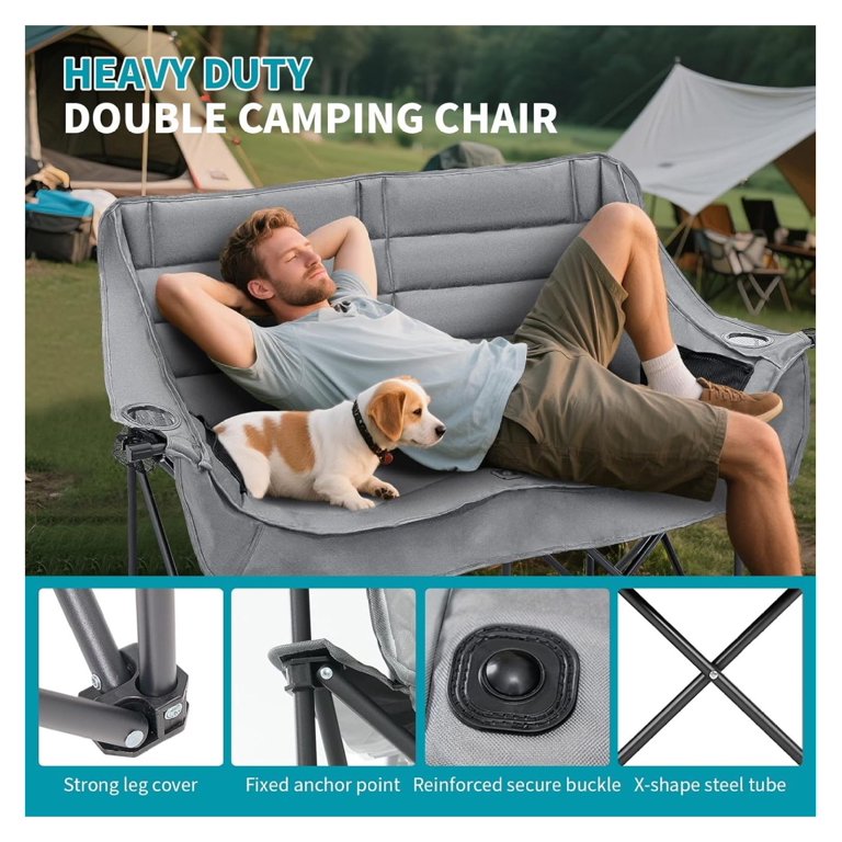 Double Camping Chair, Fully Padded Folding Camping Loveseat , Oversized Camping Bench Lawn Chairs Patio Lounge Chairs For Adults