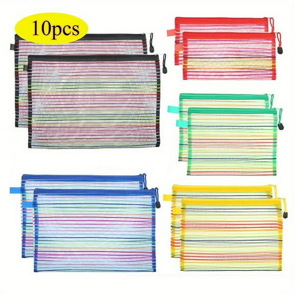 Mesh Zipper Pouch Bags 10 Pcs Set, 5 Sizes 5 Colors Organizer Bags for Cosmetics, Toiletry Travel, and Office Supplies Storage