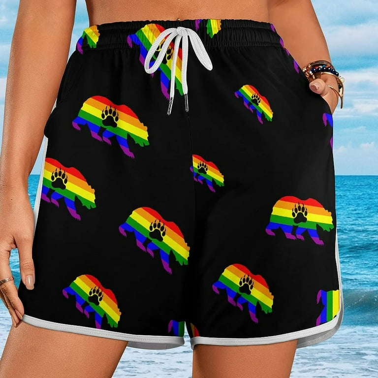 Gay Bear Pride LGBT Flag Bear Paw Women s Beach Shorts Drawstring Swim Trunks Elastic Waist Casual Pocket Pants Walmart