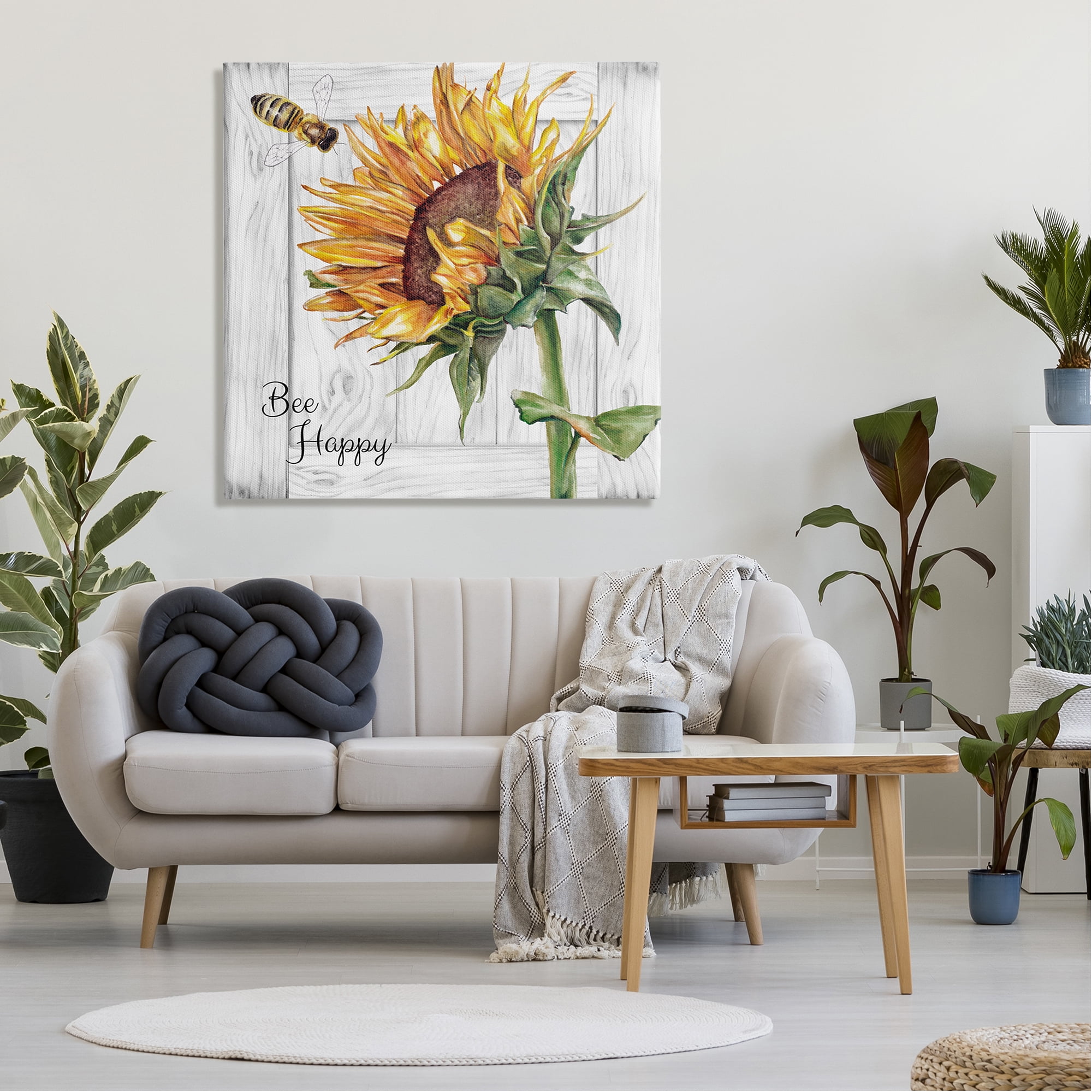 Stupell Industries Bee Happy Rustic Sunflower Botanical & Floral Painting Gallery Wrapped Canvas Art Print Wall Art, 36 x 36