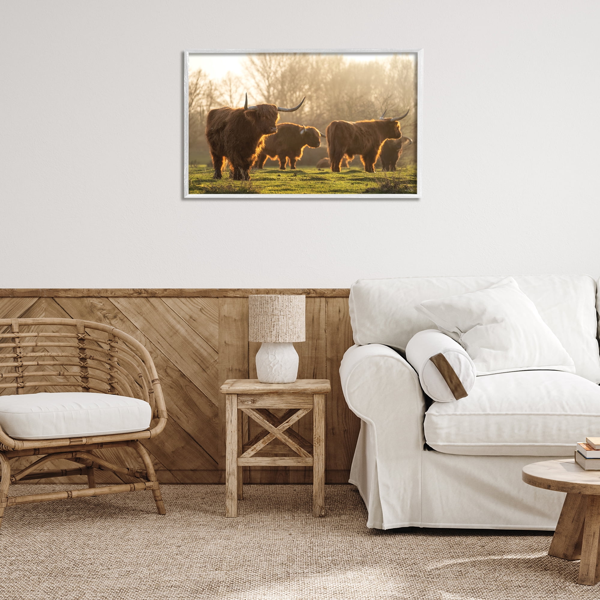 Stupell Industries Longhorns in Foggy Pasture Animals & Insects Photography White Framed Art Print Wall Art, 30 x 20