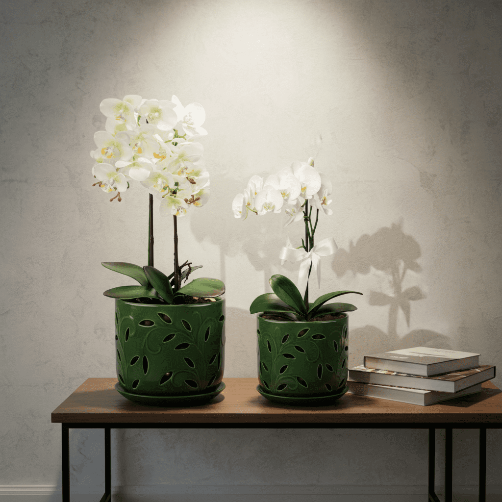 BUYMAX 5" & 6" Ceramic Orchid Pots with Holes and Trays, Leaf Lattice Verdigris Patina, Set of 2